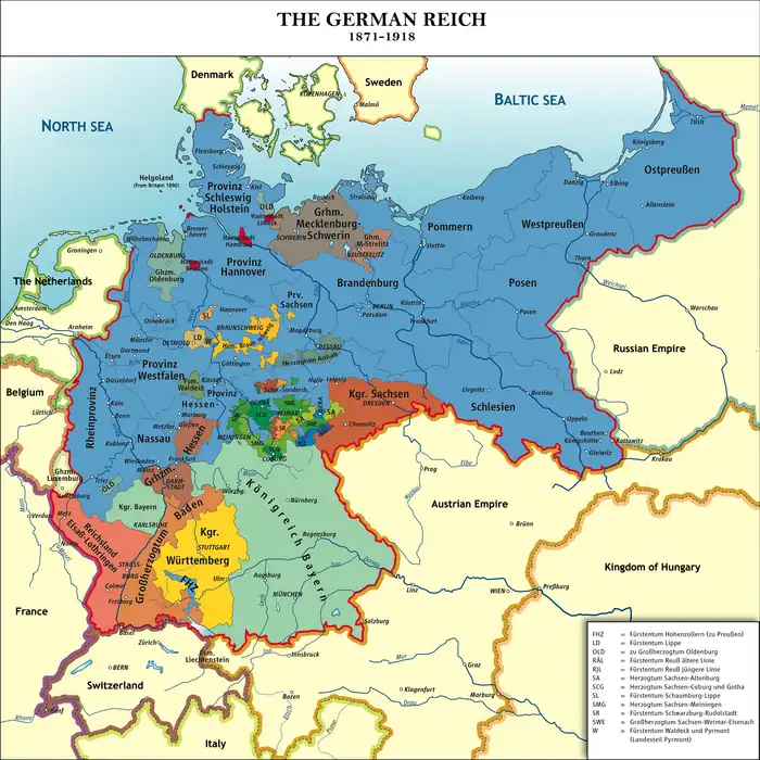 Image 9The constituent states of the German Empire (a federal monarchy). Various states were formally suzerain to the emperor, whose government retained authority over some policy areas throughout the federation, and was concurrently King of Prussia, the empire's largest state. (from Non-sovereign monarchy)