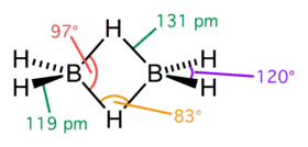 Stereo skeletal formula of diborane with all explicit hydrogens added and assorted measurements