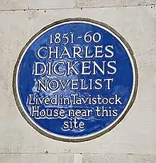 Blue plaque on BMA House commemorating Dickens and Tavistock House