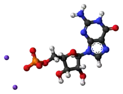 Ball-and-stick model of the component ions of disodium guanylate