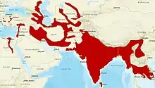 Map of the Eastern Hemisphere showing highlighted range covering portions of southern Asia