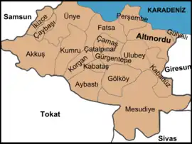 Map showing Kumru District in Ordu Province