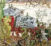 Picture with grey roofs, red walls and foliage in the foreground, above an almost white watercourse