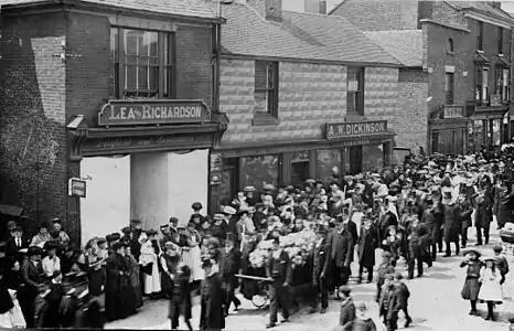 Dr Charles Latham's funeral in July 1907Alfred W. Dickinson the ironmonger is at 27 High St., and Lea & Richardson, draper at 33/37 High Street, Sandbach (Kelly's 1914). Today, Iceland is at 33/35 High St.