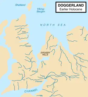 Map showing hypothetical extent of Doggerland (c. 8,000 BC), which provided a land bridge between Great Britain and continental Europe