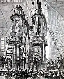 U.S. President Ulysses S. Grant and Emperor Pedro II of Brazil starting the Corliss Centennial Engine at the opening ceremonies of the Centennial Exhibition