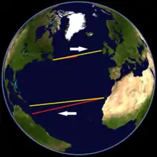 Globe map centred on the North Atlantic, with lines drawn east–west and west–east depicting the routes taken.