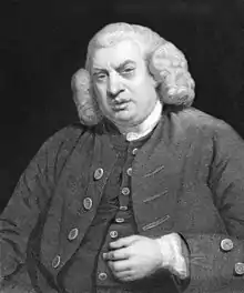 A half-length portrait of an elderly, and overweight, gentleman.  He wears a waistcoat and blazer, with buttons, a white collar, and a wig.  His left hand hovers close to his abdomen.  The background is a dark black.