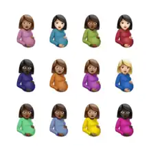 In a white background, 12 different pregnant women in the style of emojis, with their hands holding on their abdomen.