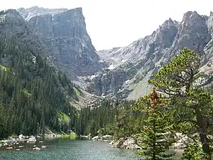 Looking west over Dream Lake. Hallett Peak is on the left with the dramatic cliff band and prominent point.