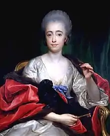 Portrait painting of a seated aristocratic women, hair in an up-do, wearing a silver dress and red shawl