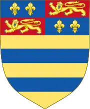 Blazon: Or, two bars Azure, a chief quarterly, 1st and 4th Azure, two Fleurs-de-Lys Or, 2nd and 3rd Gules, a lion passant guardant Or.