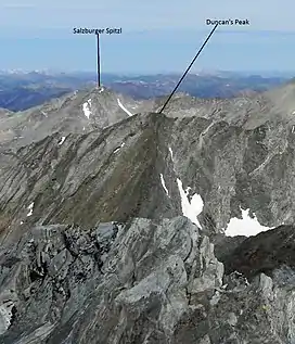 A photo of Duncan's Peak viewed from Hyndman Peak with Salzburger Spitzl