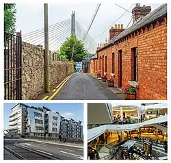 Clockwise from top: William Dargan Bridge as seen from Victoria Terrace; the interior of Dundrum Town Centre; 
"The Laurels" apartment complex in central Dundrum