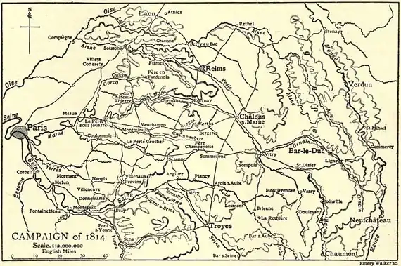 Black and yellow map of the Campaign of 1814 in 1:2,000,000 scale