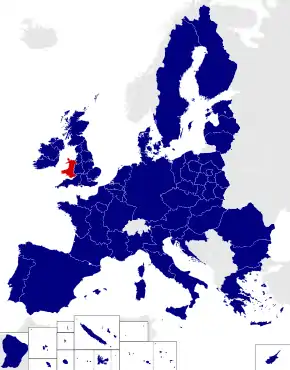 Map of the 2014 European Parliament constituencies with Wales highlighted in red