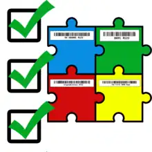 A checkmarked checklist next to 4 connected puzzle pieces each with a different color & unique barcode, representing ERC-721