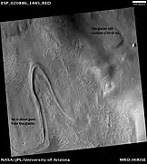 Glaciers, as seen by HiRISE, under HiWish program. Glacier on left is thin because it has lost much of its ice. Glacier on the right on the other hand is thick; it still contains a lot of ice that is under a thin layer of dirt and rock.  Location is Hellas quadrangle.