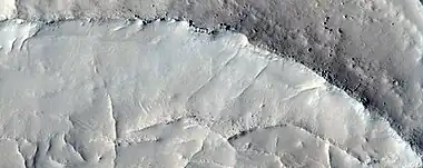 Close-up and color image of previous image of linear ridge network, as seen by HiRISe under HiWish program