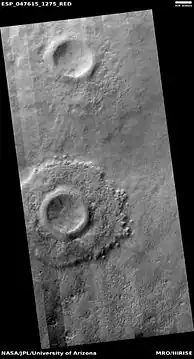 Pedestal crater, as seen by HiRISE under HiWish program  Location is Hellas quadrangle.