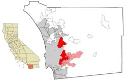 East County cities (red) and census-designated places (pink)