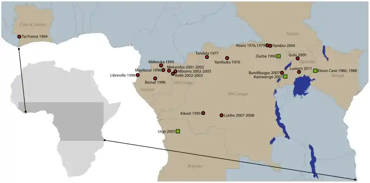 Ebola (and Marburg virus depicted as green squares) outbreaks on the African continent, both from the Filoviridae family.mw-parser-output cite.citation{font-style:inherit;word-wrap:break-word}.mw-parser-output .citation q{quotes:"\"""\"""'""'"}.mw-parser-output .citation:target{background-color:rgba(0,127,255,0.133)}.mw-parser-output .id-lock-free a,.mw-parser-output .citation .cs1-lock-free a{background:url("//upload.wikimedia.org/wikipedia/commons/6/65/Lock-green.svg")right 0.1em center/9px no-repeat}.mw-parser-output .id-lock-limited a,.mw-parser-output .id-lock-registration a,.mw-parser-output .citation .cs1-lock-limited a,.mw-parser-output .citation .cs1-lock-registration a{background:url("//upload.wikimedia.org/wikipedia/commons/d/d6/Lock-gray-alt-2.svg")right 0.1em center/9px no-repeat}.mw-parser-output .id-lock-subscription a,.mw-parser-output .citation .cs1-lock-subscription a{background:url("//upload.wikimedia.org/wikipedia/commons/a/aa/Lock-red-alt-2.svg")right 0.1em center/9px no-repeat}.mw-parser-output .cs1-ws-icon a{background:url("//upload.wikimedia.org/wikipedia/commons/4/4c/Wikisource-logo.svg")right 0.1em center/12px no-repeat}.mw-parser-output .cs1-code{color:inherit;background:inherit;border:none;padding:inherit}.mw-parser-output .cs1-hidden-error{display:none;color:#d33}.mw-parser-output .cs1-visible-error{color:#d33}.mw-parser-output .cs1-maint{display:none;color:#3a3;margin-left:0.3em}.mw-parser-output .cs1-format{font-size:95%}.mw-parser-output .cs1-kern-left{padding-left:0.2em}.mw-parser-output .cs1-kern-right{padding-right:0.2em}.mw-parser-output .citation .mw-selflink{font-weight:inherit}"Ebola Virus Disease Distribution Map: Cases of Ebola Virus Disease in Africa Since 1976". Centers for Disease Control and Prevention (CDC). 22 May 2018. Retrieved 10 October 2018..mw-parser-output cite.citation{font-style:inherit;word-wrap:break-word}.mw-parser-output .citation q{quotes:"\"""\"""'""'"}.mw-parser-output .citation:target{background-color:rgba(0,127,255,0.133)}.mw-parser-output .id-lock-free a,.mw-parser-output .citation .cs1-lock-free a{background:url("//upload.wikimedia.org/wikipedia/commons/6/65/Lock-green.svg")right 0.1em center/9px no-repeat}.mw-parser-output .id-lock-limited a,.mw-parser-output .id-lock-registration a,.mw-parser-output .citation .cs1-lock-limited a,.mw-parser-output .citation .cs1-lock-registration a{background:url("//upload.wikimedia.org/wikipedia/commons/d/d6/Lock-gray-alt-2.svg")right 0.1em center/9px no-repeat}.mw-parser-output .id-lock-subscription a,.mw-parser-output .citation .cs1-lock-subscription a{background:url("//upload.wikimedia.org/wikipedia/commons/a/aa/Lock-red-alt-2.svg")right 0.1em center/9px no-repeat}.mw-parser-output .cs1-ws-icon a{background:url("//upload.wikimedia.org/wikipedia/commons/4/4c/Wikisource-logo.svg")right 0.1em center/12px no-repeat}.mw-parser-output .cs1-code{color:inherit;background:inherit;border:none;padding:inherit}.mw-parser-output .cs1-hidden-error{display:none;color:#d33}.mw-parser-output .cs1-visible-error{color:#d33}.mw-parser-output .cs1-maint{display:none;color:#3a3;margin-left:0.3em}.mw-parser-output .cs1-format{font-size:95%}.mw-parser-output .cs1-kern-left{padding-left:0.2em}.mw-parser-output .cs1-kern-right{padding-right:0.2em}.mw-parser-output .citation .mw-selflink{font-weight:inherit}"Chronology of Marburg Hemorrhagic Fever Outbreaks". Centers for Disease Control and Prevention (CDC). Retrieved 10 October 2018.