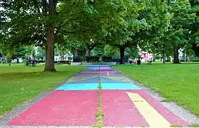 Abstract art painted on the walkways at Edgerton Square Park.