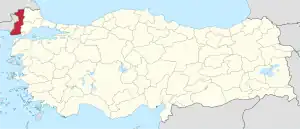 Edirne highlighted in red on a beige political map of Turkeym