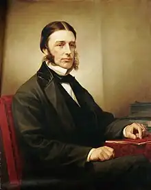 Seated painted portrait on a chair of John Clay, wearing a dark jacket and high collar