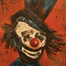 A crude drawing of a clown smiling and wearing a top hat