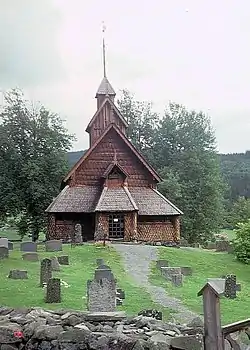 View of the Eidsborg Stave Church in the village