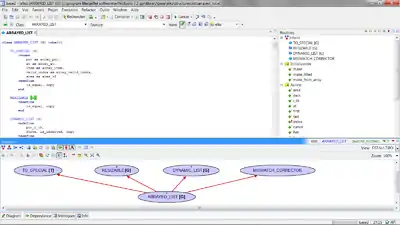 A window containing three panes: an editor pane containing class source code, a features pane containing a list of features of the class source code under edit, and a diagram pane showing the class as an icon with relationships to other classes