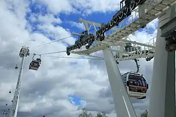 Image 30Gondolas of the Emirates Air Line cable car cross the River Thames from Greenwich Peninsula to Royal Docks.