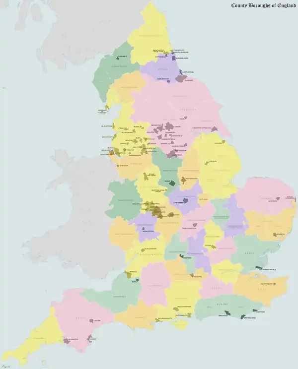 Map of County Boroughs Prior to Abolition in 1974