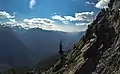 The Catwalk (right) on Cat Peak. Mount Olympus to left, and Hoh Valley centered.