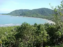 Panoramic Overview of the Bay from Ermita Hill Park deck (plateau at Zabali, Baler, Aurora, overlooking the Pacific Ocean, Baler Fishport, Baler town, Sabang Beach & delta, and Dimadimalangat islet)