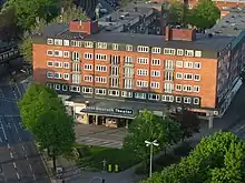 Modern, rectangular building viewed from above