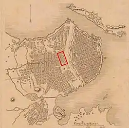 Map of Havana, 1850. The land currently occupied by the Capitol, then belonging to the railway station of Villanueva, is framed in red. Opposite the Capitol are the city walls demolished in 1863.