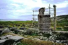 Photograph of three columns of different sizes at Istakhr