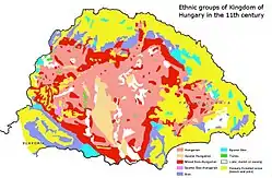 Kniezsa's (1938) view on the ethnic map of the Kingdom of Hungary in the 11th century, based on toponyms. Kniezsa's view has been criticized by many scholars, because of its non-compliance with later archaeological and onomastics research, but his map is still regularly cited in modern reliable sources. One of the most prominent critics of this map was Emil Petrovici.