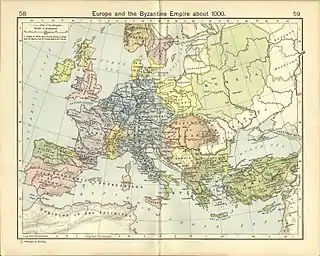 image of map showing Western Europe of 1000 including. the Holy Roman Empire, Russia and the Byzantine Empire