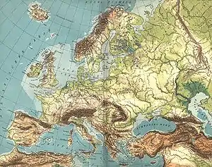 Map representing the geography of Europe, with the mountain ranges separating southern Europe