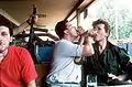 Serb soldiers toasting in occupied Grbavica, 1992