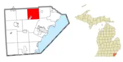 Left: Location within Monroe County (red) and the administered village of Maybee (pink); Right: Location within the state of Michigan