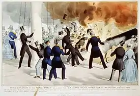 Historical illustration of the Princeton cannon explosion, with dozens of guests aboard. Caption reads "Awful explosion of the Peace-Maker on board the U.S. steam frigate Princeton."