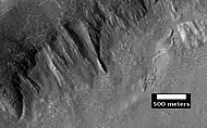 Place where a lobate debris apron begins.  Note stripes which indicate movement.  Image located in Ismenius Lacus quadrangle.