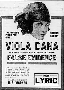 Newspaper ad for the American drama film False Evidence (1919) with Viola Dana, on page 11 of the January 17, 1920 Duluth Herald.