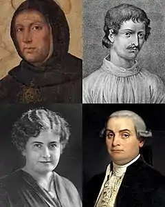 Image 16Clockwise from top left: Thomas Aquinas, proponent of natural theology and the Father of Thomism; Giordano Bruno, one of the major scientific figures of the Western world; Cesare Beccaria, considered the Father of criminal justice and modern criminal law; and Maria Montessori, credited with the creation of the Montessori education (from Culture of Italy)