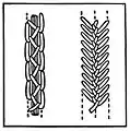 Closed featherstitch as a couching stitch, left, and long-armed featherstitch, right