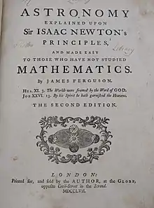 Title page of a 1757 copy of Ferguson's "Astronomy Explained upon Sir Isaac Newton's Principles and Made Easy for Those Who Have Not Studied Mathematics"